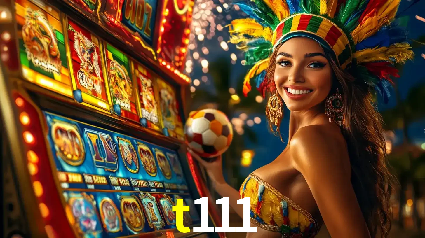 Mulher com um cocar de carnaval ao lado de uma máquina de caça-níqueis enquanto segura uma bola de futebol, mostrando a união da diversão de cassino e esportes no t111.