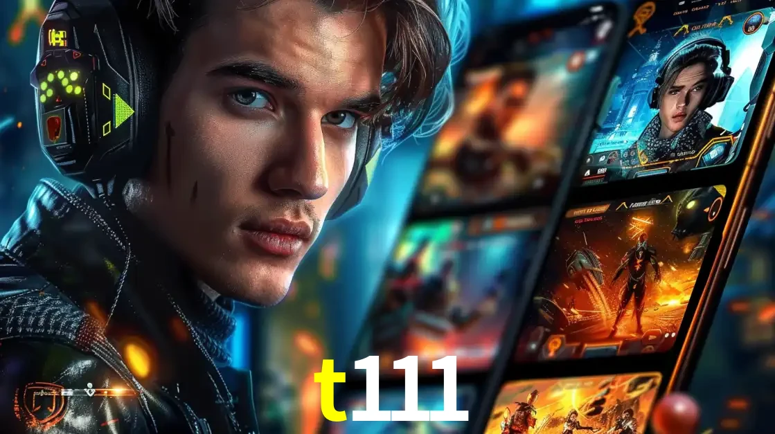 Jovem jogador com fones de ouvido olhando para a câmera, com um aplicativo de jogos e e-sports para celular ao fundo, pronto para a competição e apostas no t111.