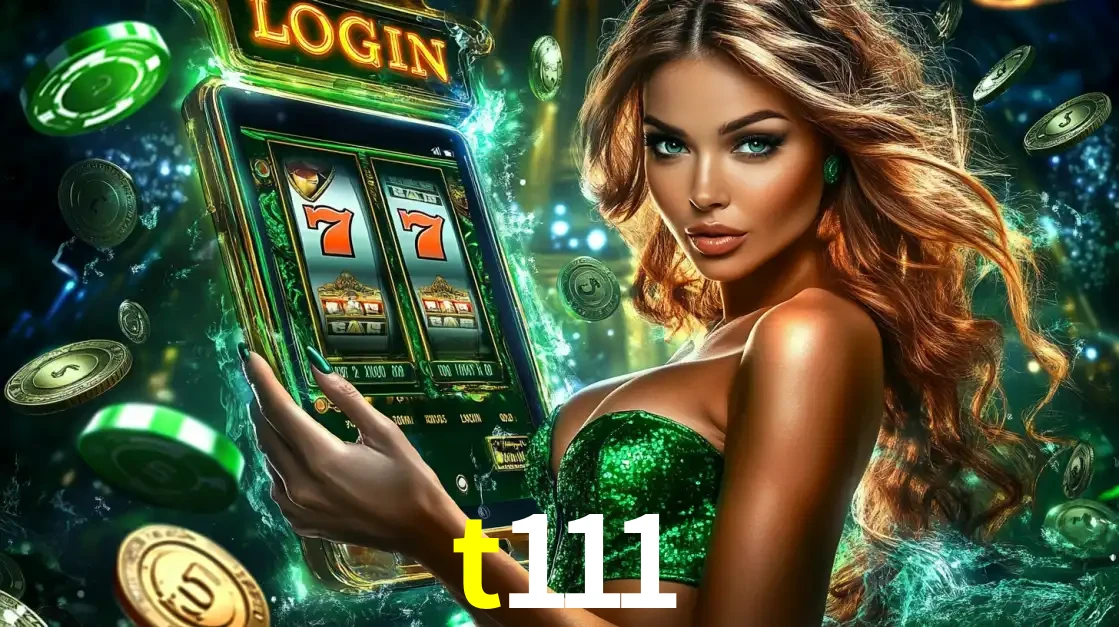 Mulher com tema verde apresentando o aplicativo do cassino t111 com um jogo de slot de 777, cercada por fichas de cassino e uma aura de sorte.