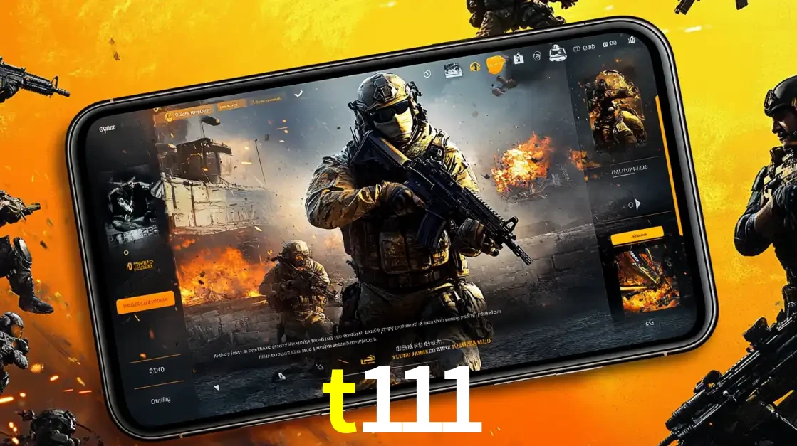 Um smartphone exibindo a interface de um jogo de tiro em primeira pessoa, com um soldado em um cenário de batalha, representando a ação dos e-sports para apostar no t111.