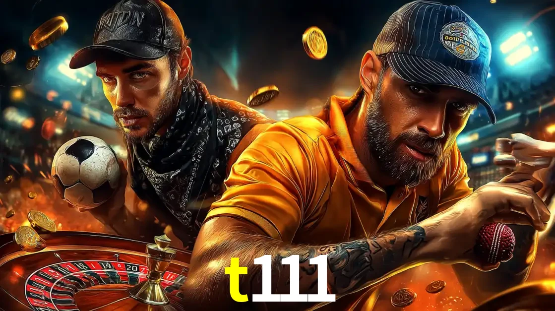 Montagem de apostas esportivas e cassino no t111, com um homem segurando uma bola de futebol e outro uma de beisebol sobre uma roleta e moedas voadoras.