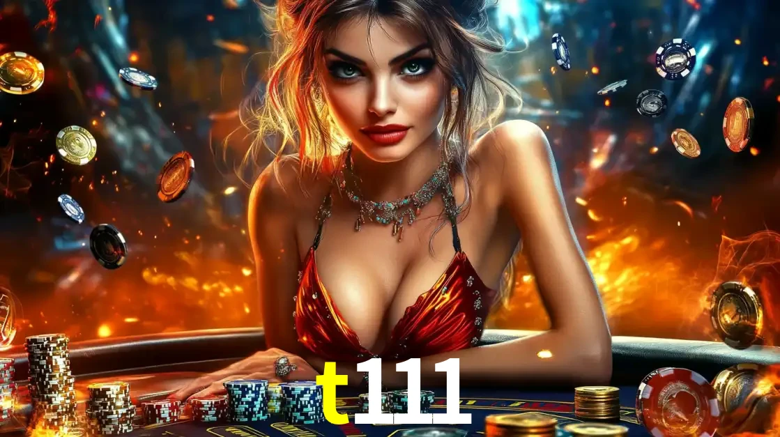 Mulher em uma mesa de cassino com pilhas de fichas e um fundo de fogo, pronta para uma rodada de altas apostas nos jogos de mesa emocionantes do cassino t111.