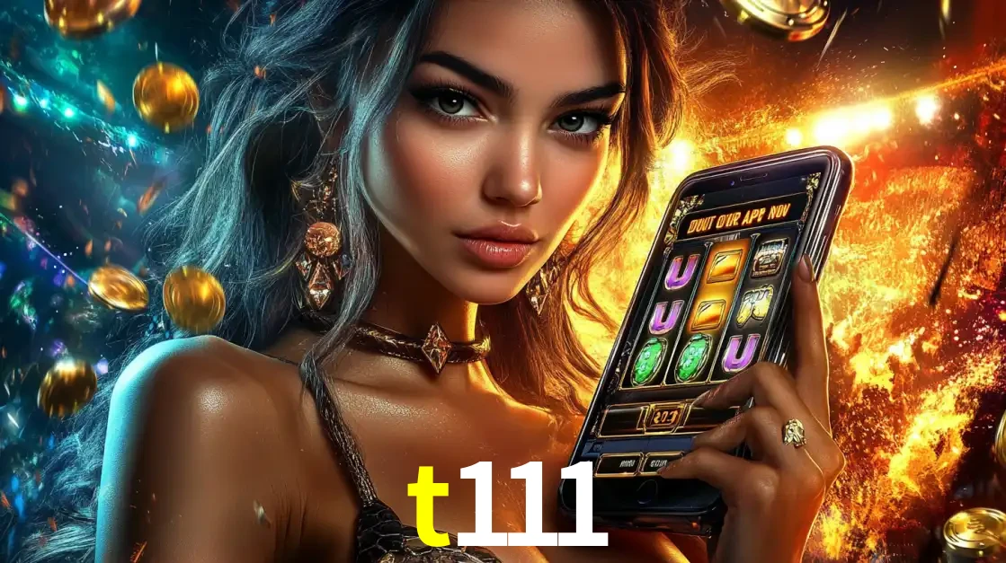 Mulher elegante mostrando um jogo de caça-níqueis em seu smartphone, destacando a experiência de cassino móvel oferecida pelo aplicativo t111.