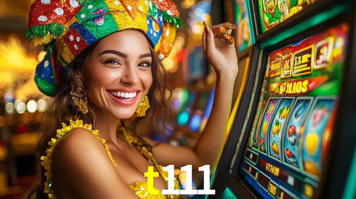 Mulher feliz com traje de carnaval amarelo e colorido ao lado de uma máquina de caça-níqueis, aproveitando a diversão e os jogos temáticos do cassino t111.