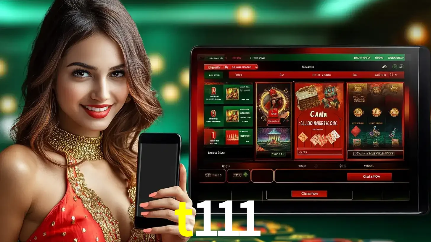Mulher sorridente segurando um smartphone, ao lado de uma tela exibindo o lobby de jogos do cassino online t111, com várias opções de jogos de cartas e slots.